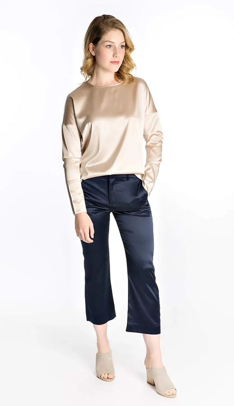 Ana Cropped Silk Pant - Navy