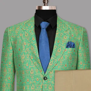 Bay Leaf Green with Golden Ancient Art Jacquard Patterned Designer Suit