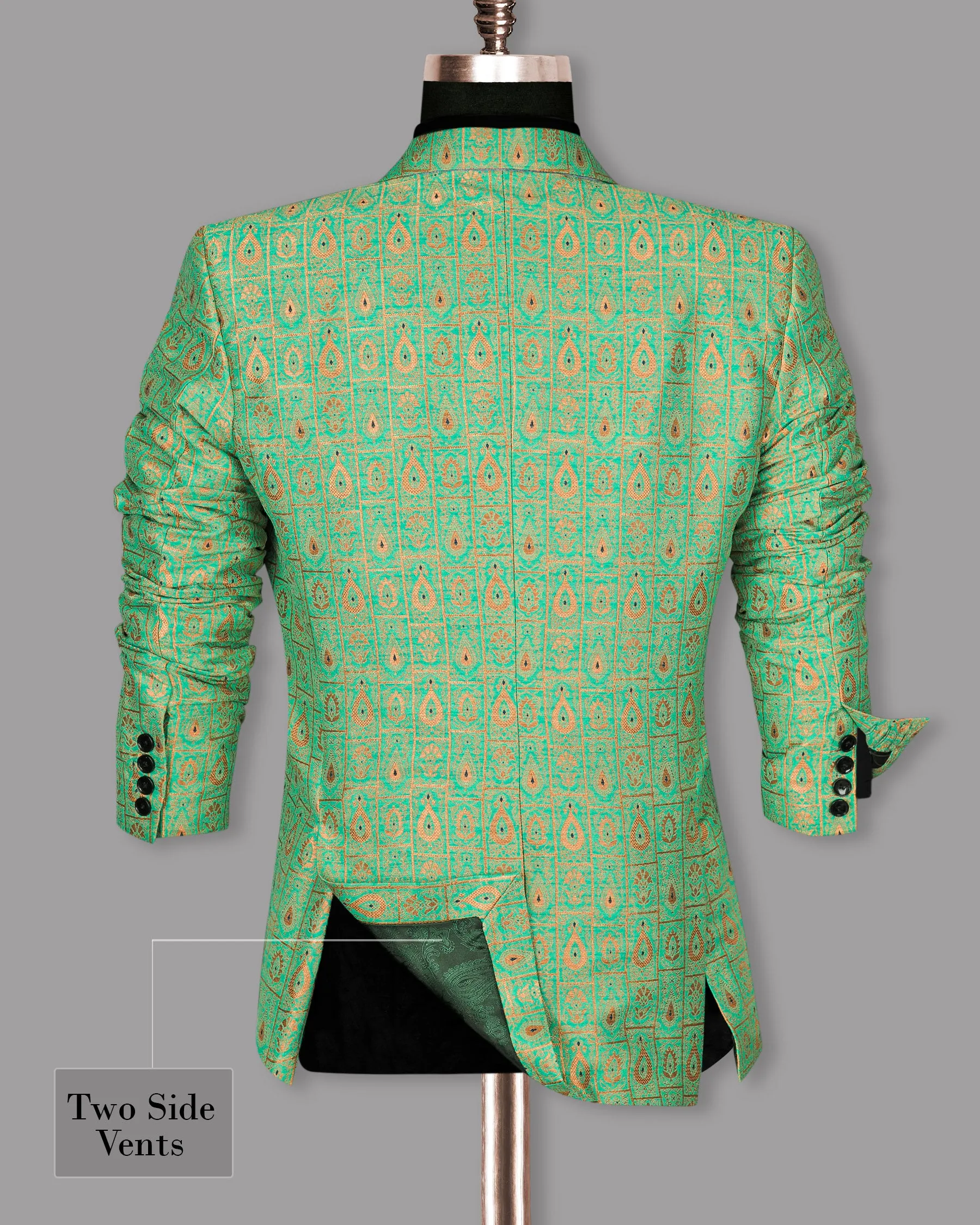 Bay Leaf Green with Golden Ancient Art Jacquard Patterned Designer Suit