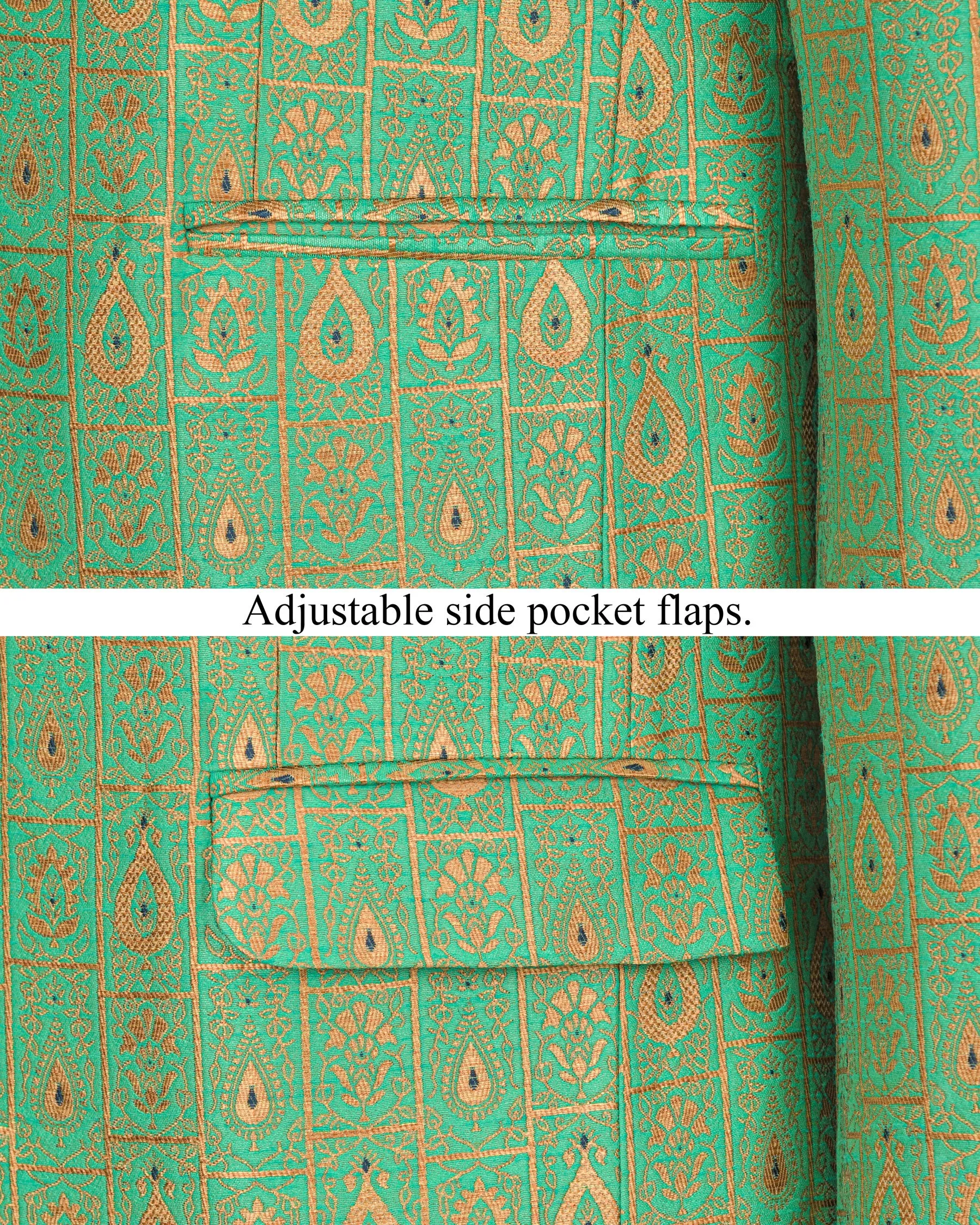 Bay Leaf Green with Golden Ancient Art Jacquard Patterned Designer Suit