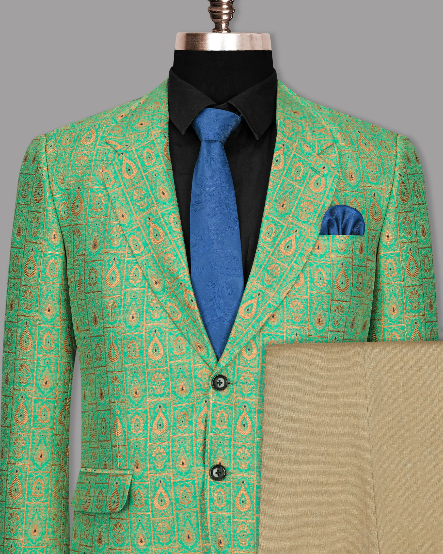 Bay Leaf Green with Golden Ancient Art Jacquard Patterned Designer Suit