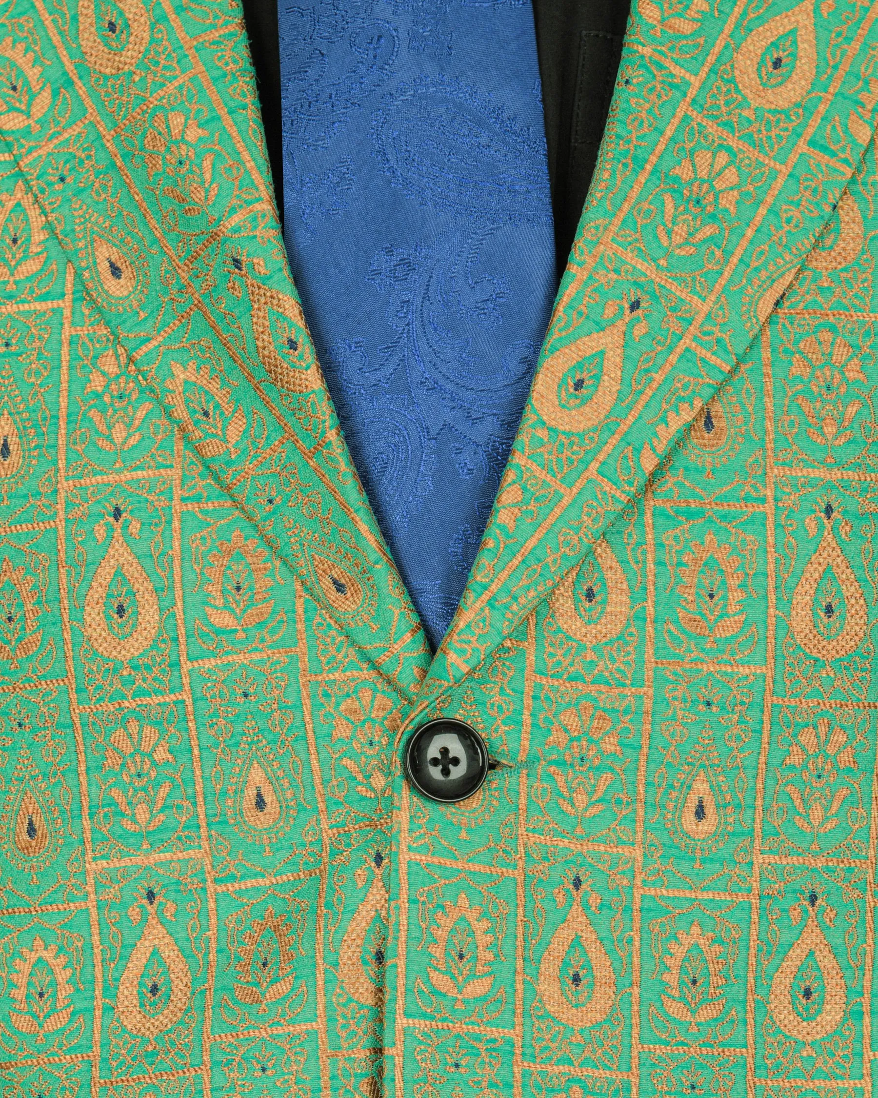 Bay Leaf Green with Golden Ancient Art Jacquard Patterned Designer Suit