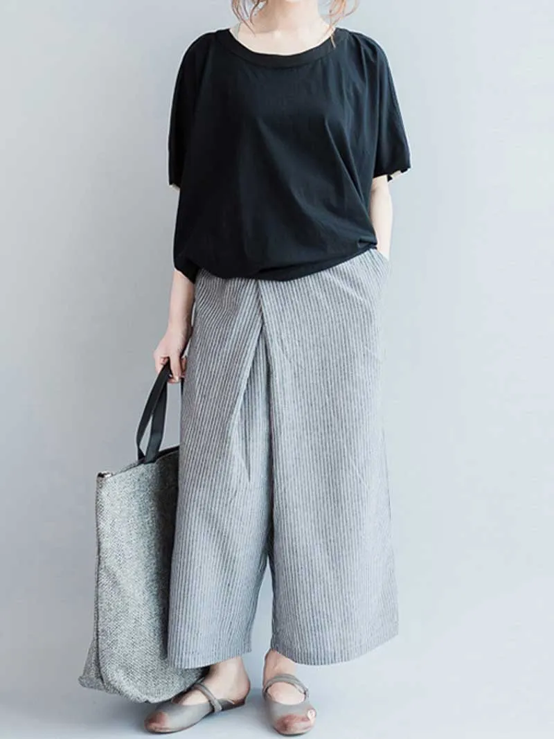 Be Patience Cotton Stripes Wide-Leg Trouser Nine-Point Pants