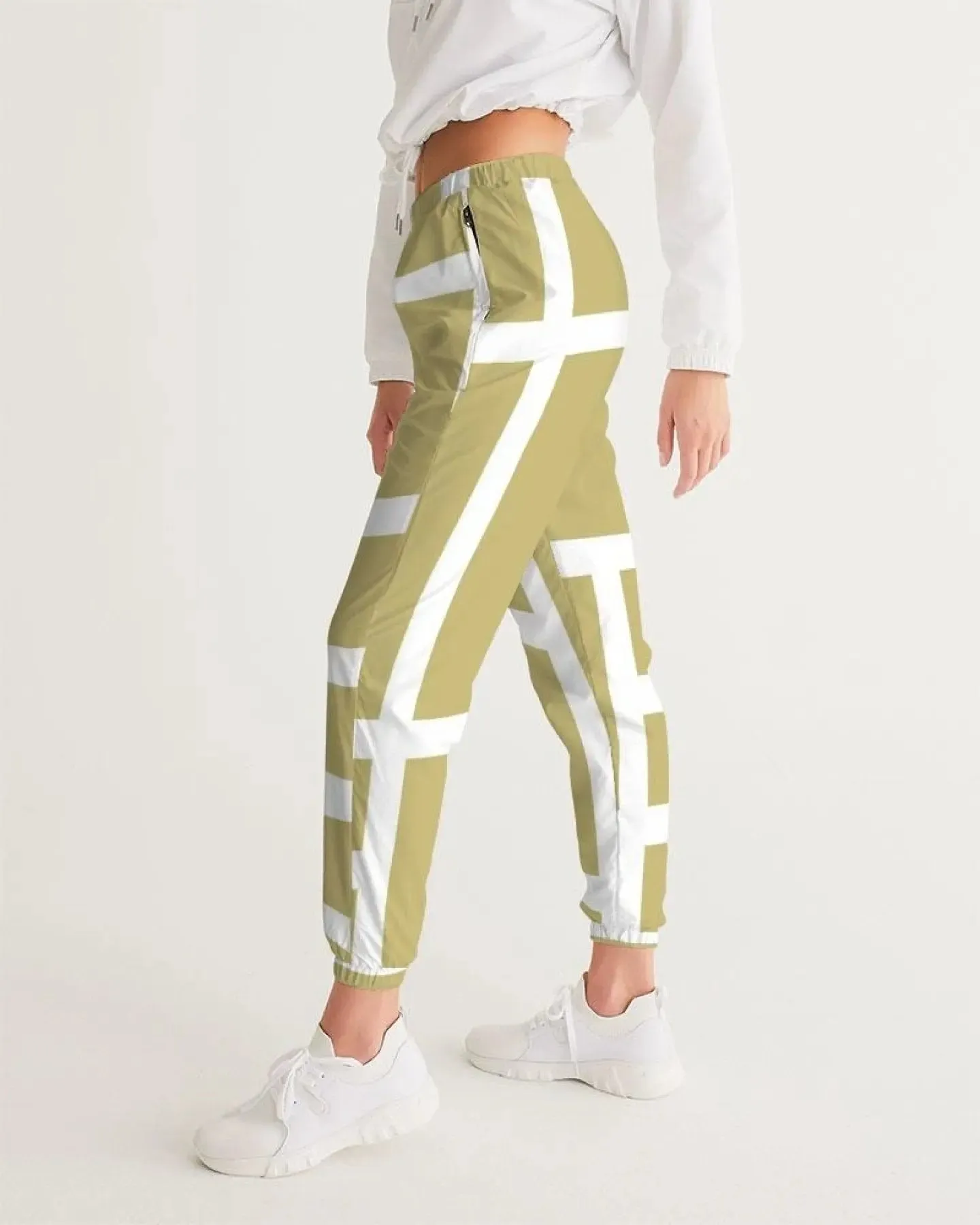 Beige and White Stylish Geometric Active Track Pants for Women