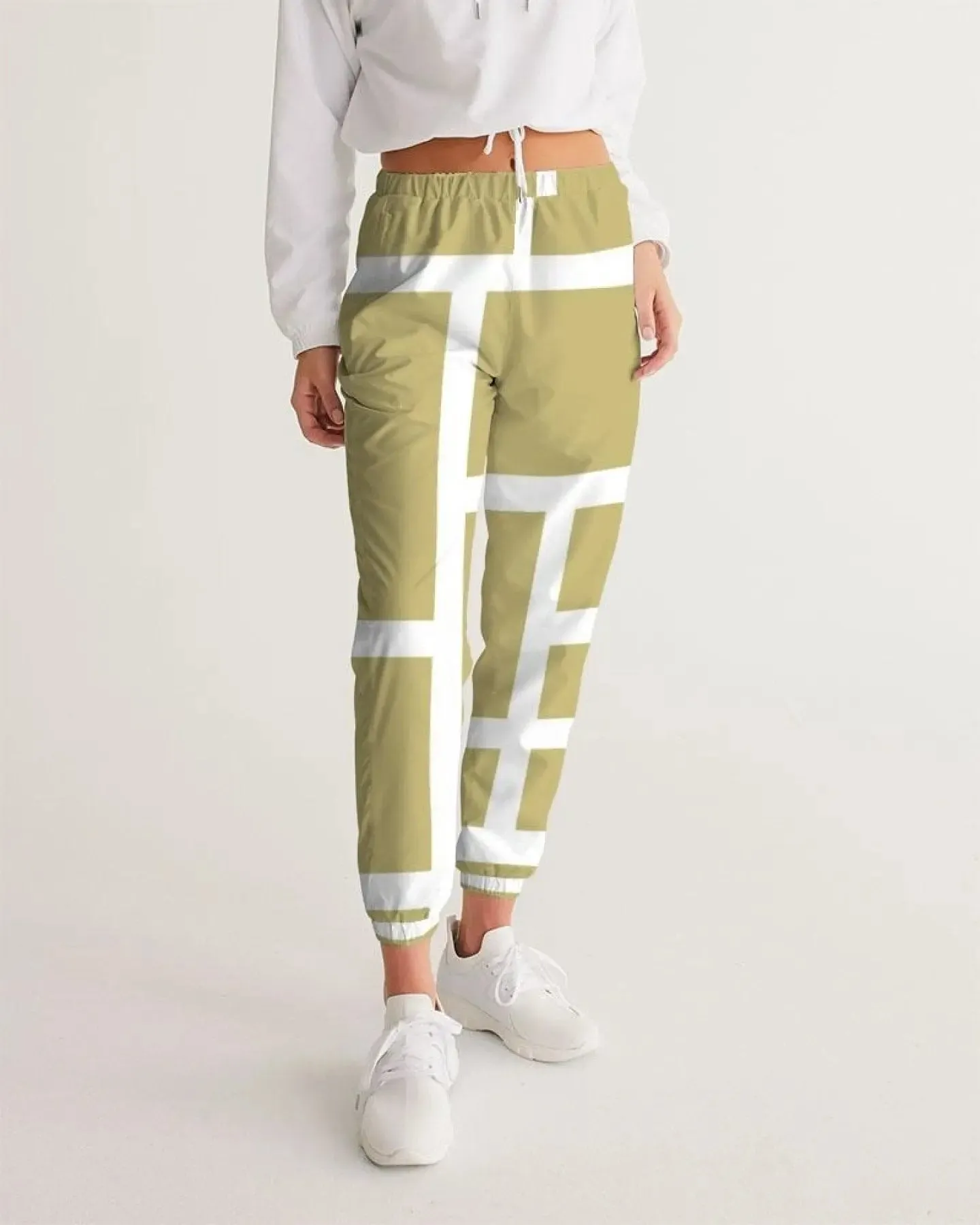 Beige and White Stylish Geometric Active Track Pants for Women