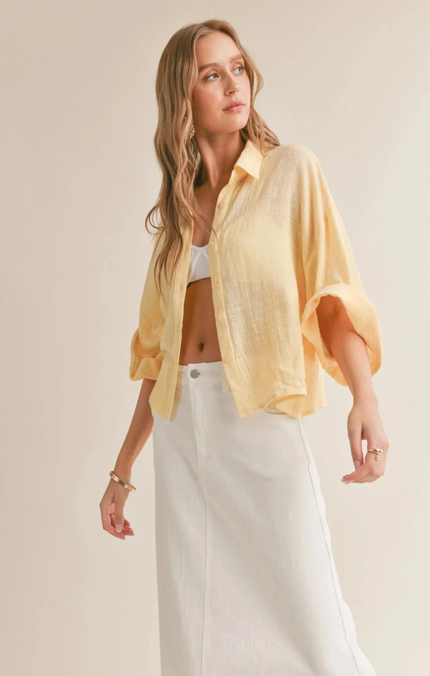 Bird Song Oversized Boxy Cuffed Shirt Lemon