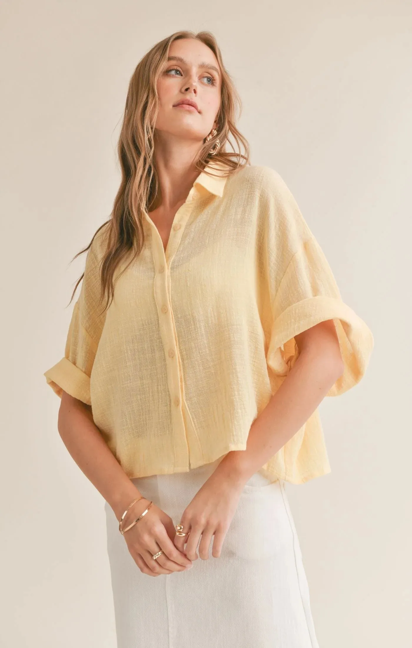 Bird Song Oversized Boxy Cuffed Shirt Lemon