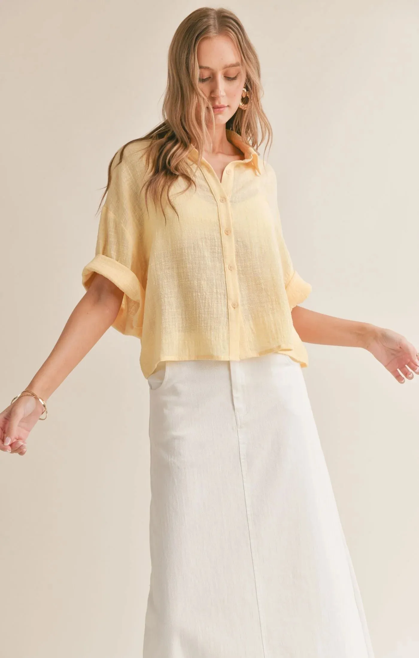 Bird Song Oversized Boxy Cuffed Shirt Lemon