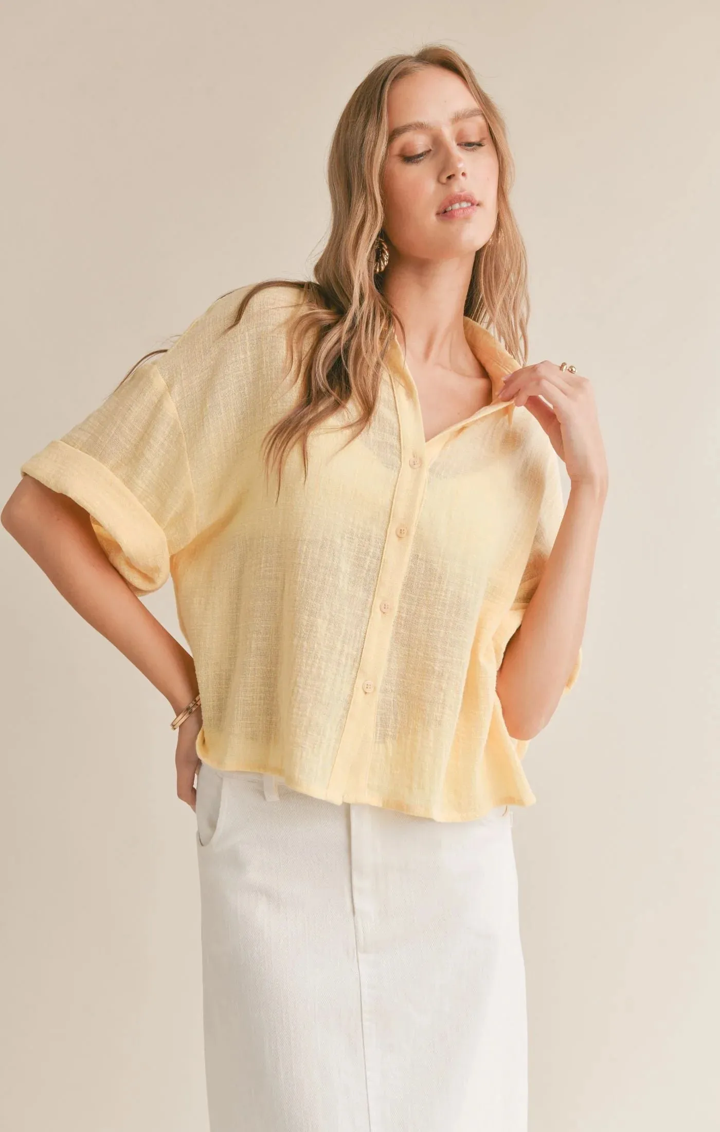 Bird Song Oversized Boxy Cuffed Shirt Lemon