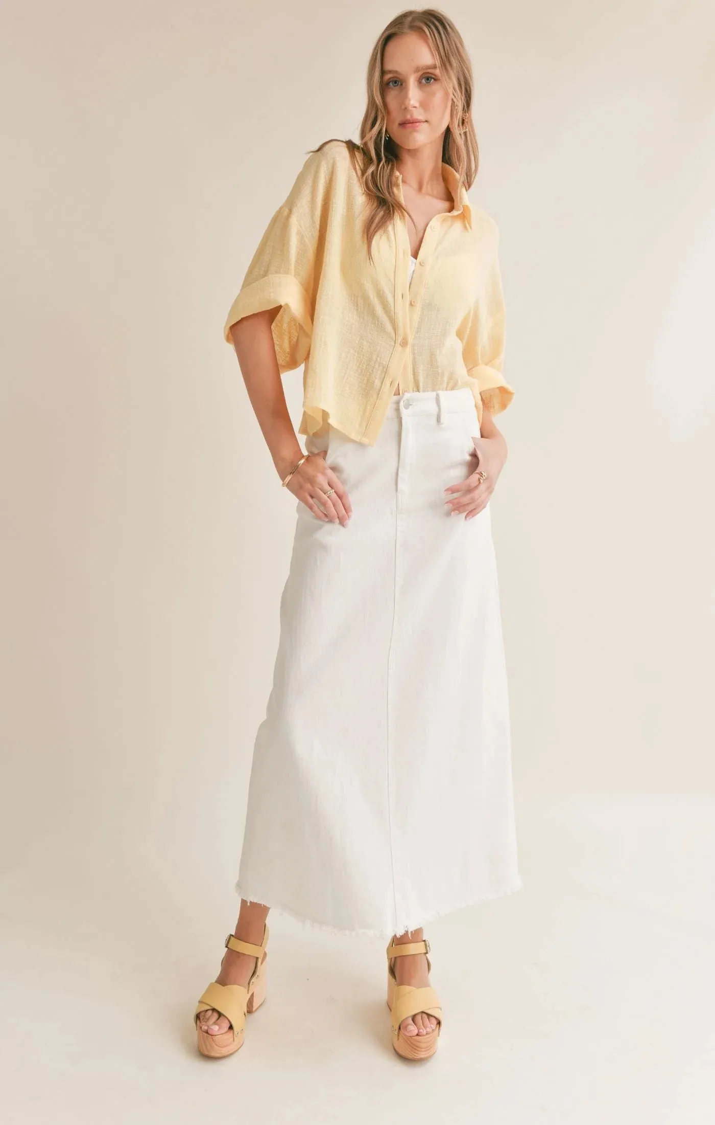 Bird Song Oversized Boxy Cuffed Shirt Lemon