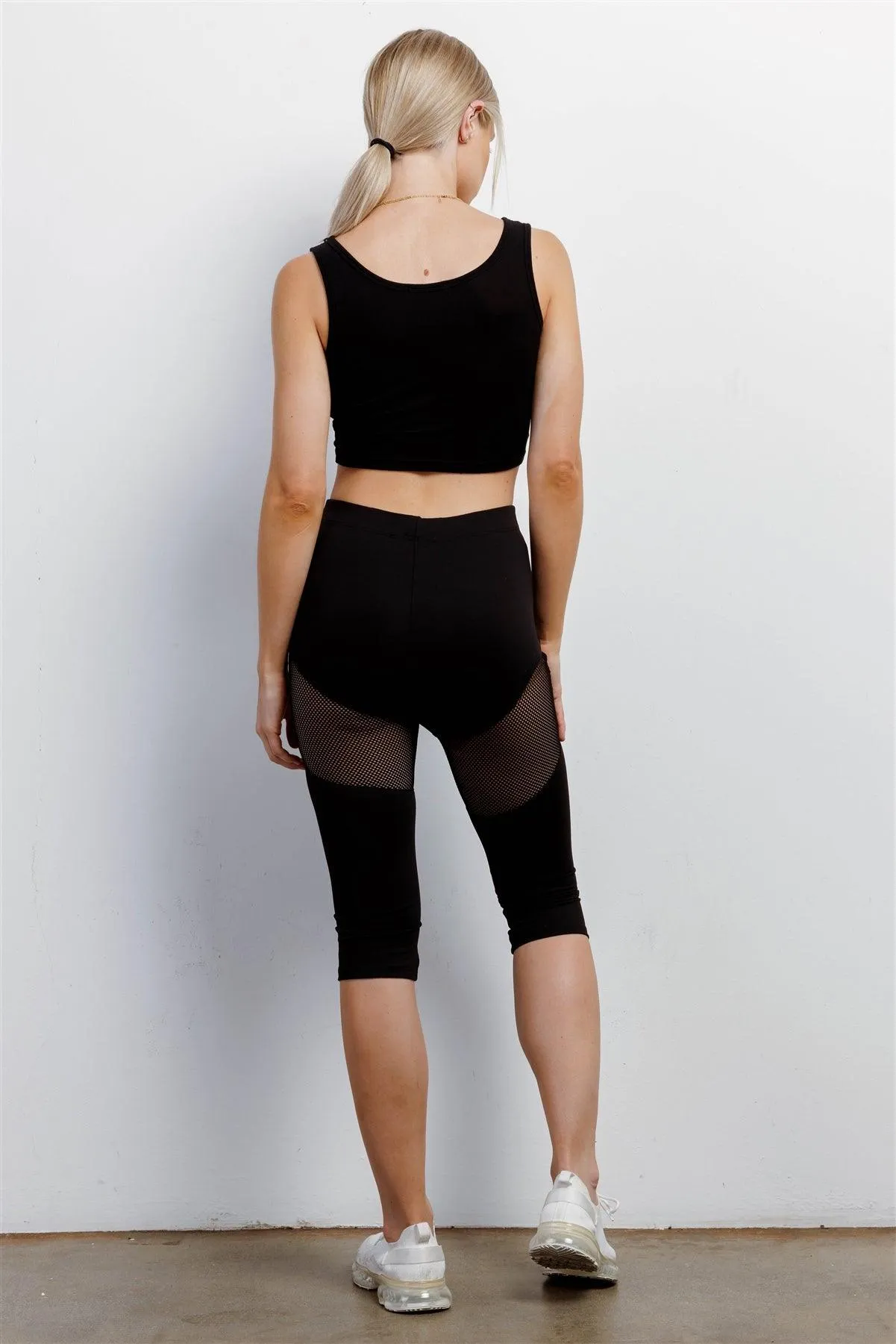 Black High Waist Sheer Mesh Cut-Ins Sports Midi Legging Pants