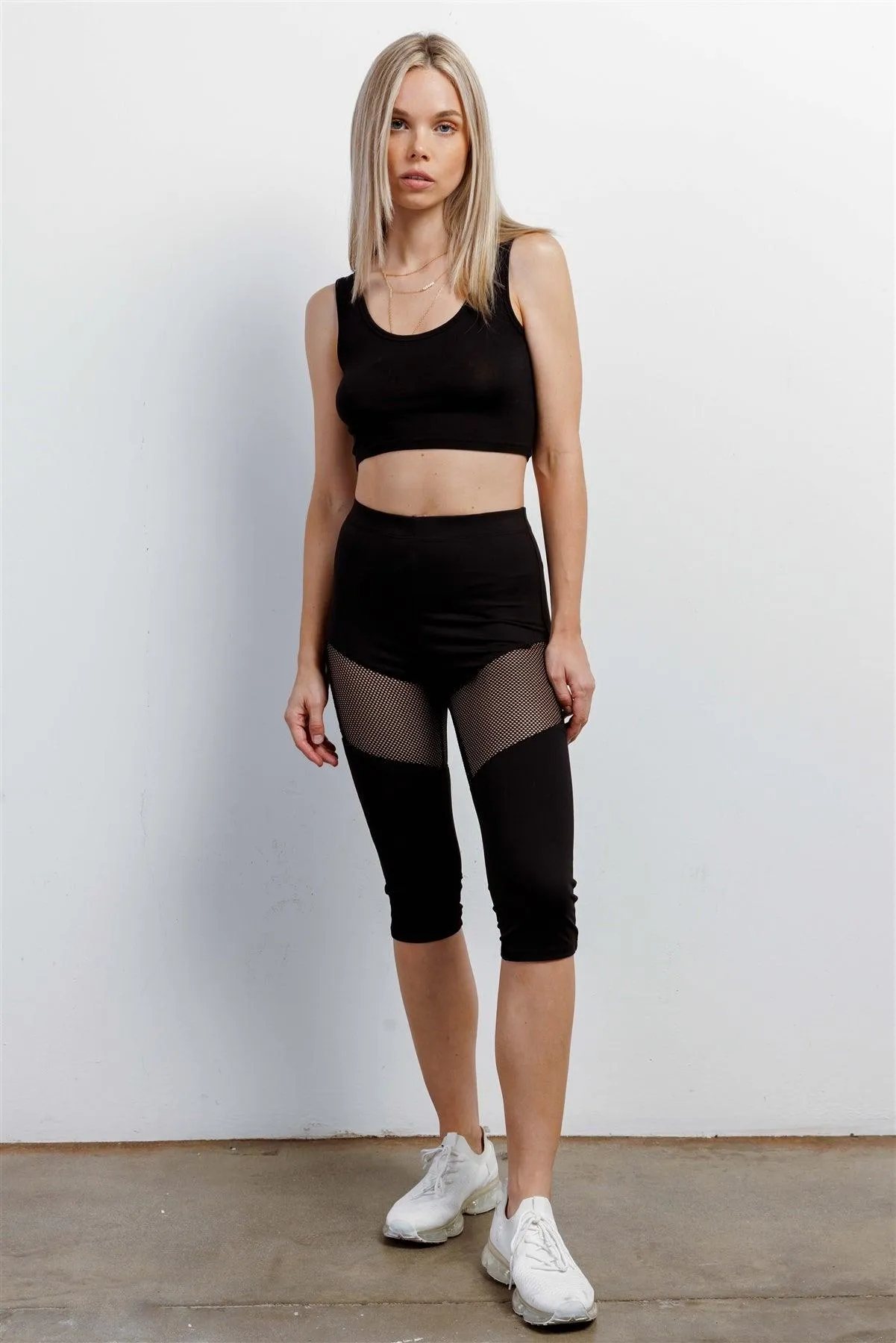 Black High Waist Sheer Mesh Cut-Ins Sports Midi Legging Pants