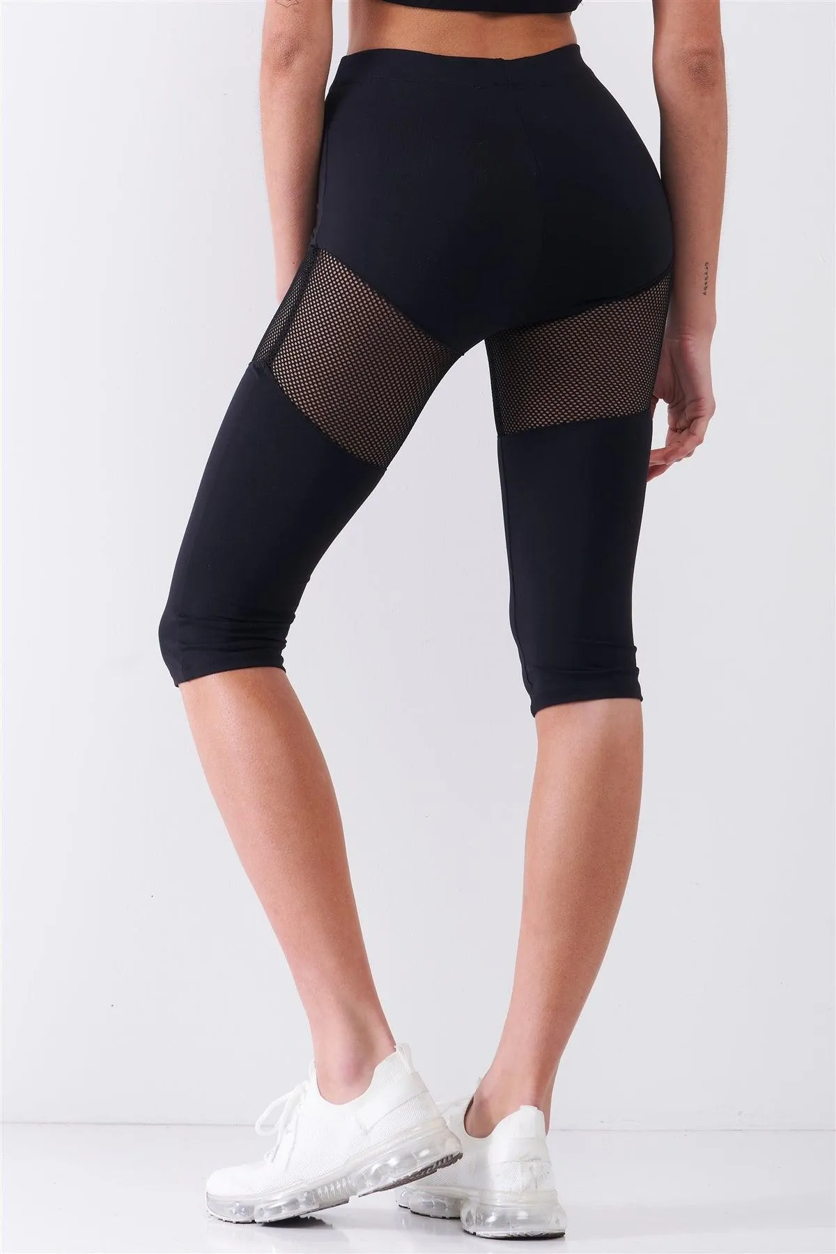 Black High Waist Sheer Mesh Cut-Ins Sports Midi Legging Pants