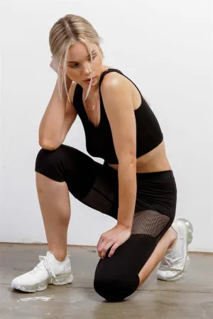 Black High Waist Sheer Mesh Cut-Ins Sports Midi Legging Pants