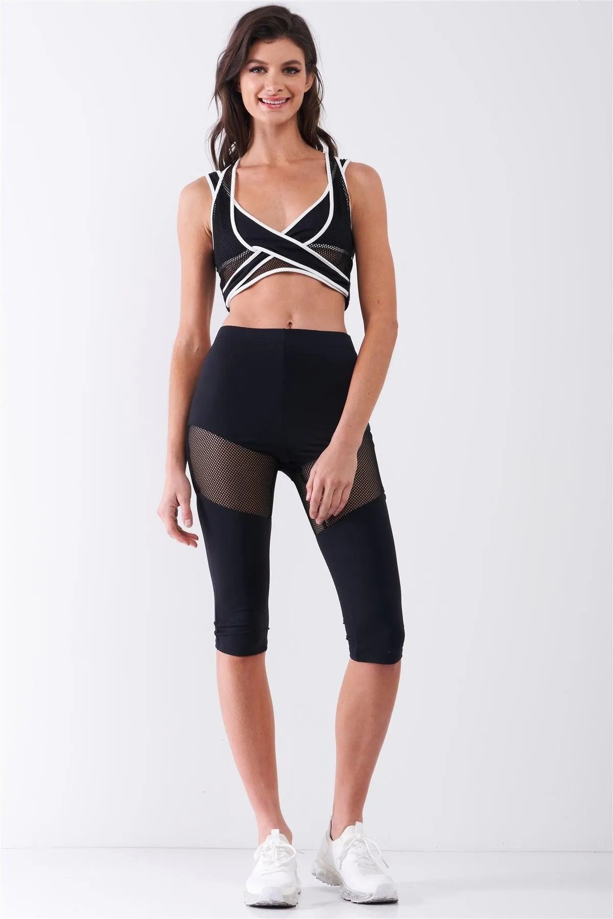 Black High Waist Sheer Mesh Cut-Ins Sports Midi Legging Pants