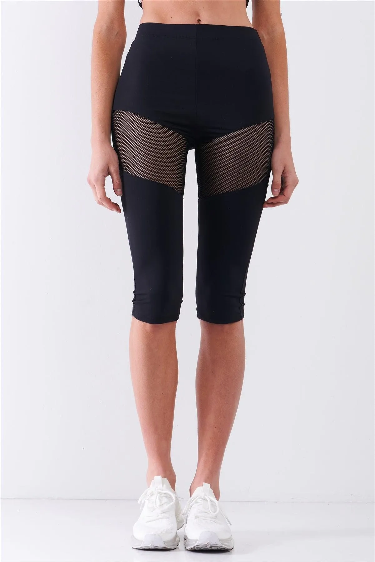 Black High Waist Sheer Mesh Cut-Ins Sports Midi Legging Pants