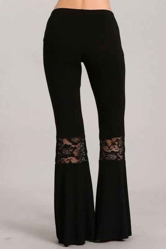 Black Lace Boho Inset Bell Flared Elastic Waist Pull On Womens Casual Pants