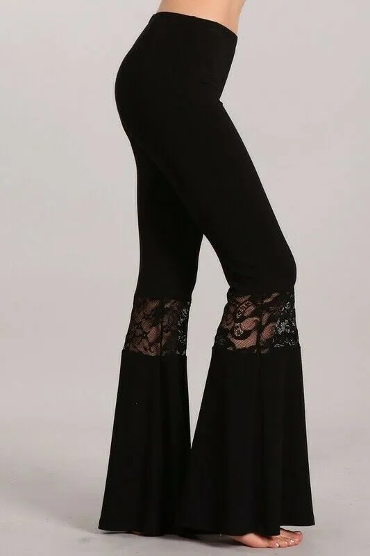 Black Lace Boho Inset Bell Flared Elastic Waist Pull On Womens Casual Pants