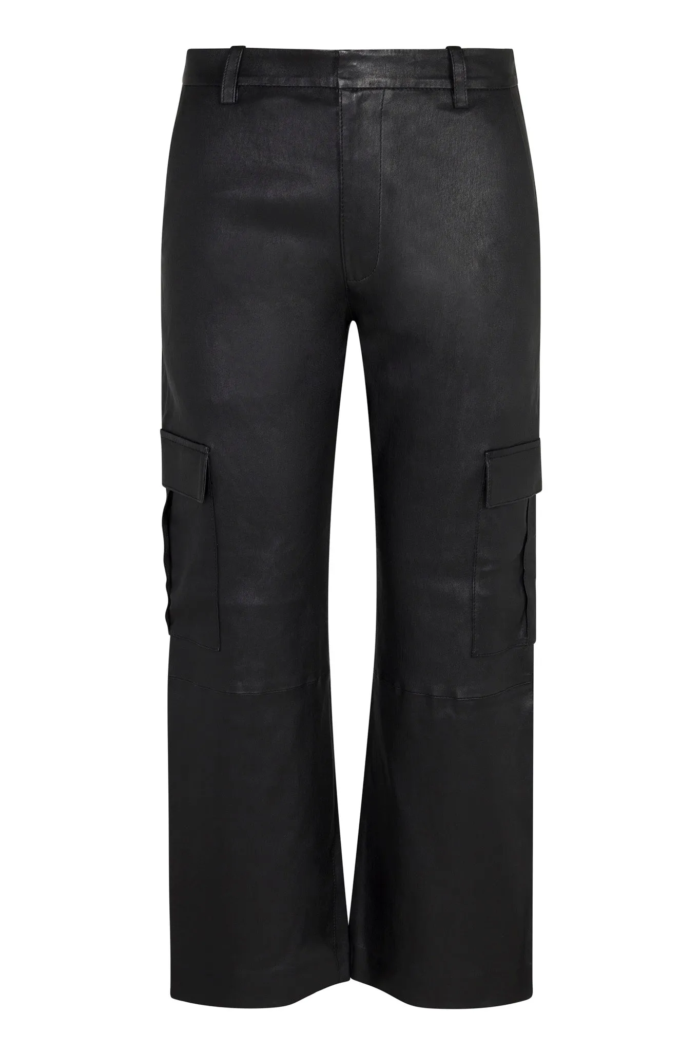 Black Leather Cropped Cargo Trousers