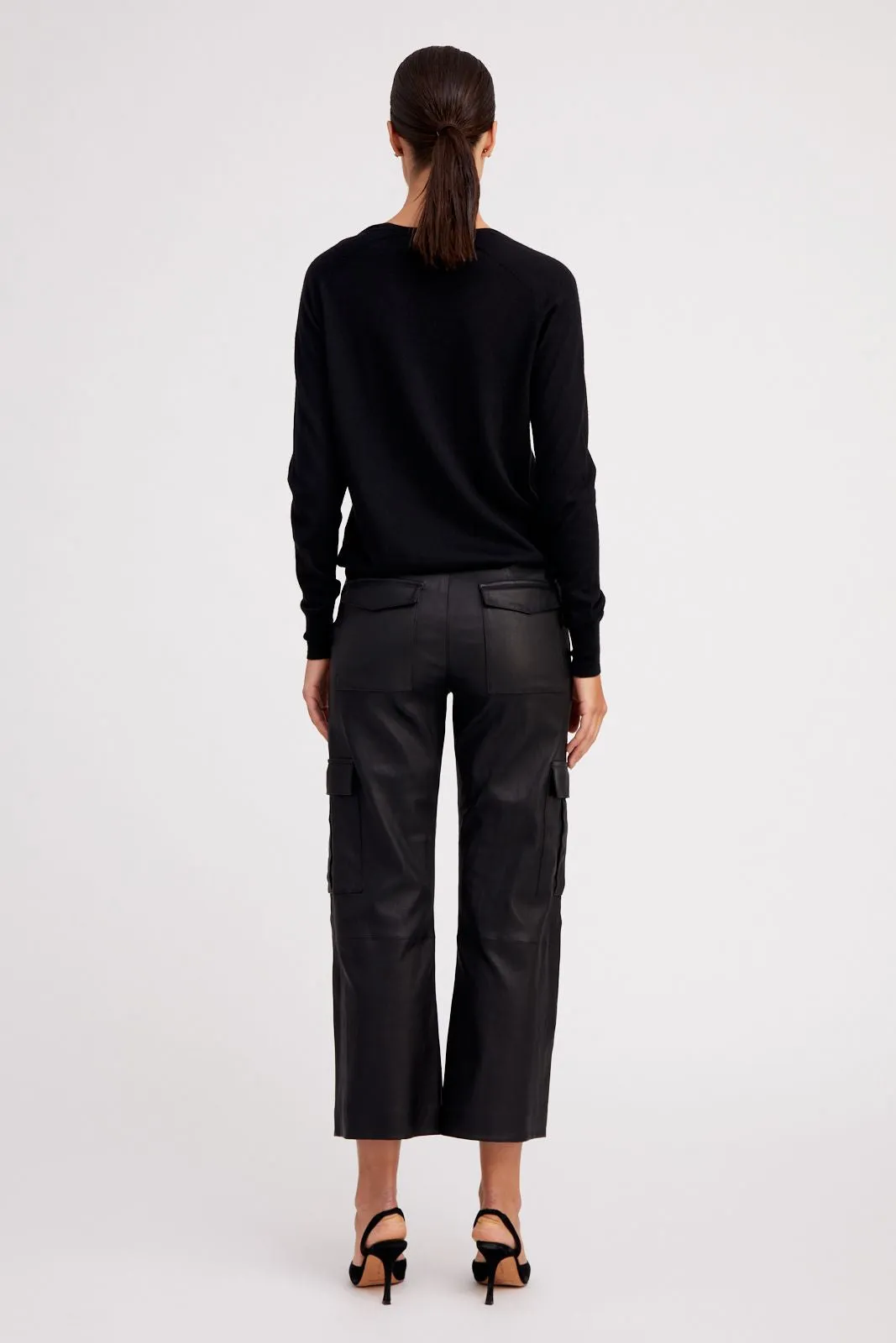 Black Leather Cropped Cargo Trousers