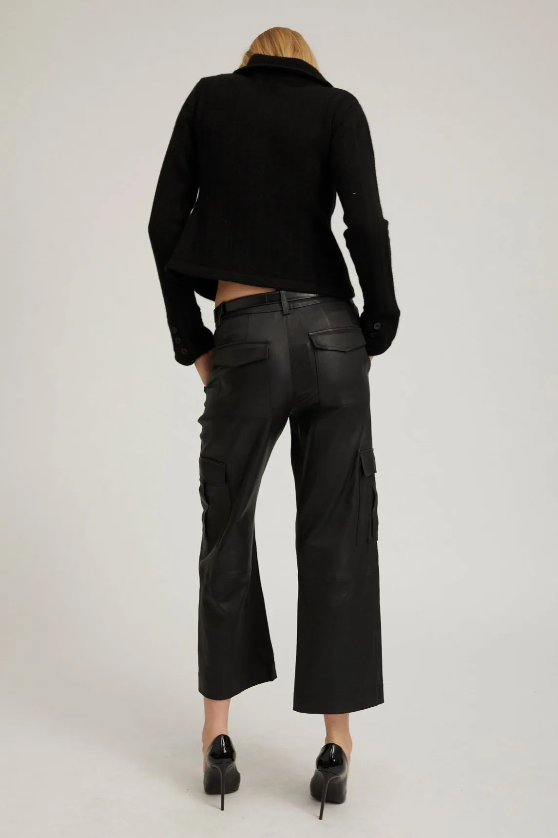 Black Leather Cropped Cargo Trousers