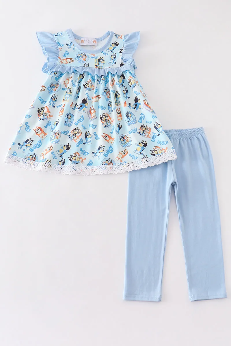 Blue character girl ruffle pants set