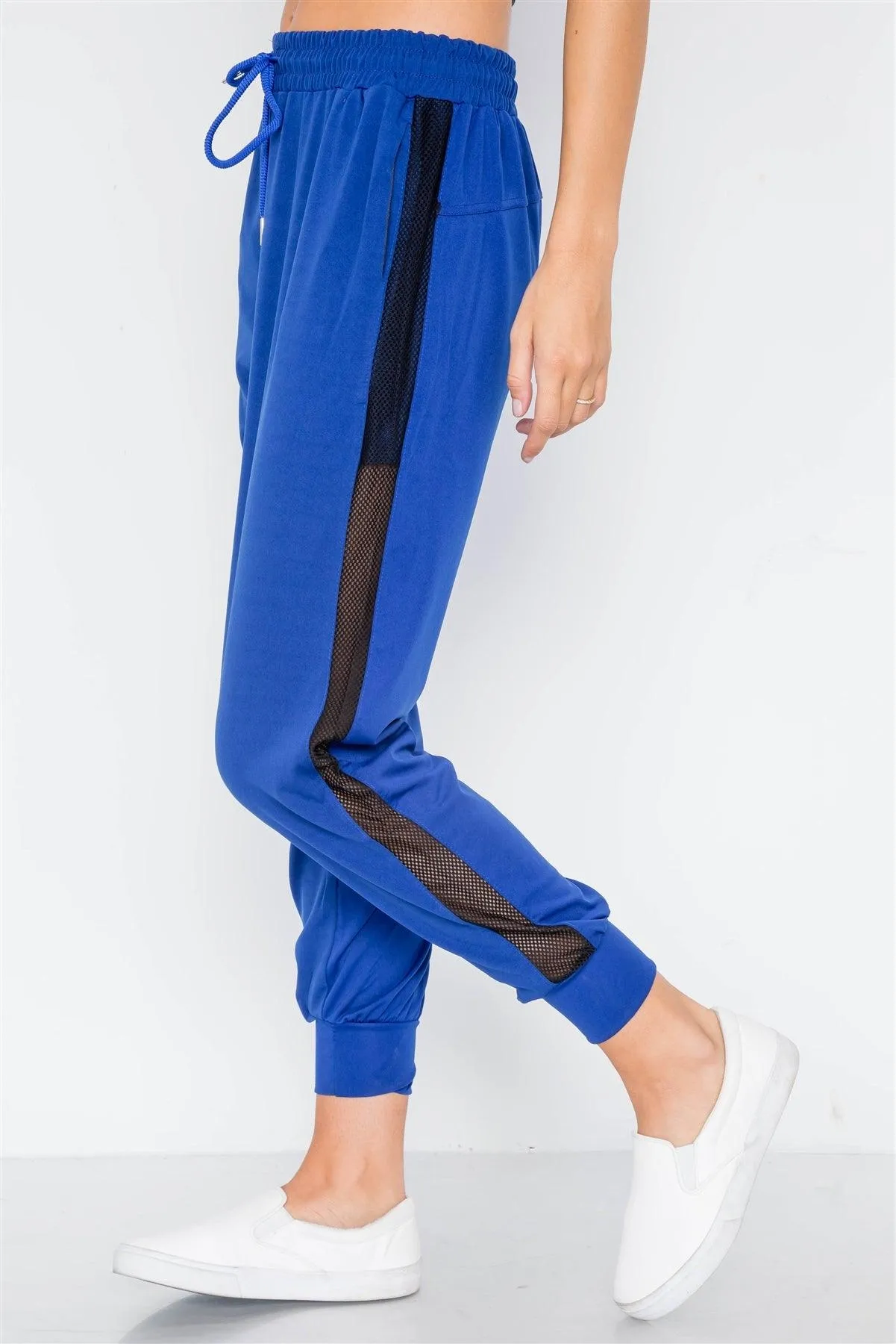 Blue Mid-Rise Mash-Paneled Sporty Joggers Pants