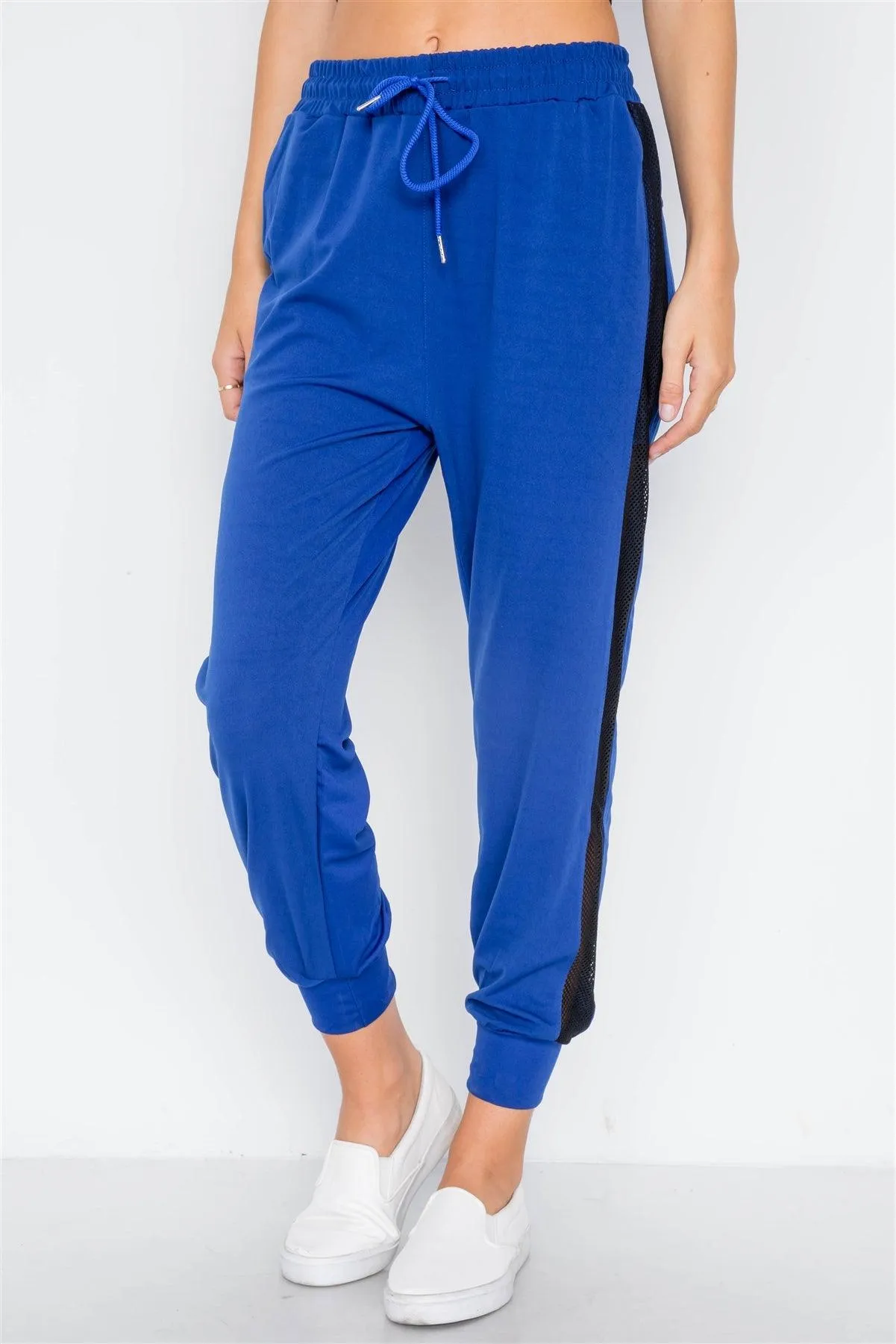 Blue Mid-Rise Mash-Paneled Sporty Joggers Pants