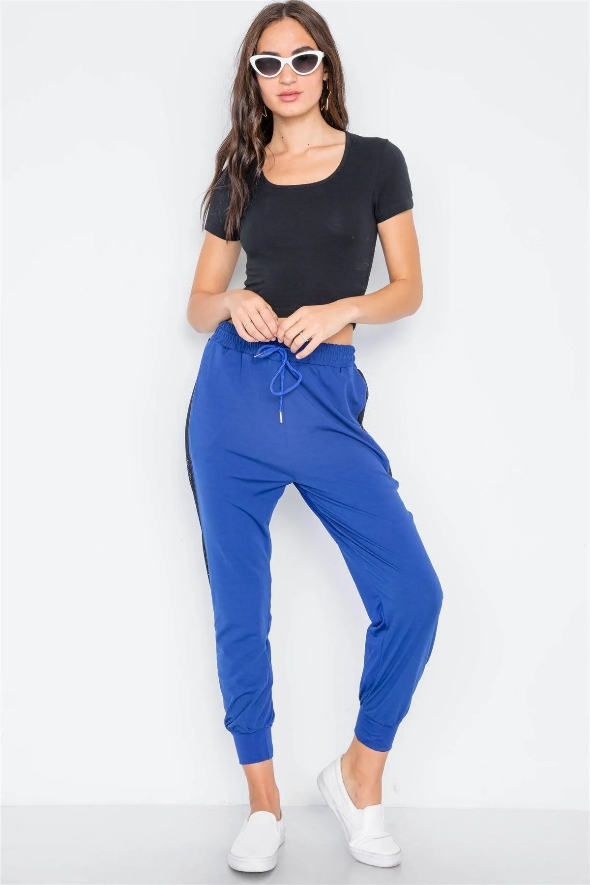 Blue Mid-Rise Mash-Paneled Sporty Joggers Pants