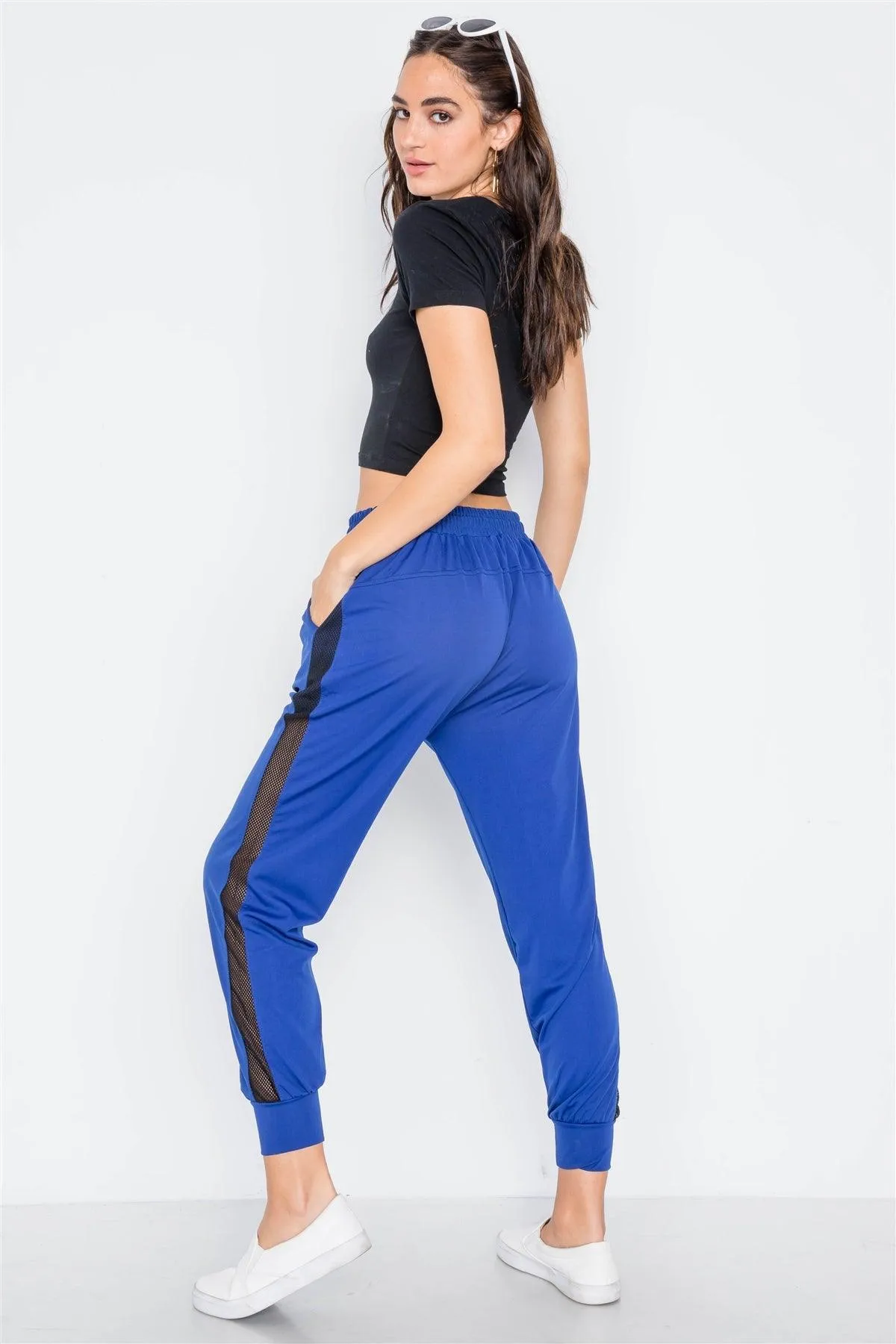 Blue Mid-Rise Mash-Paneled Sporty Joggers Pants