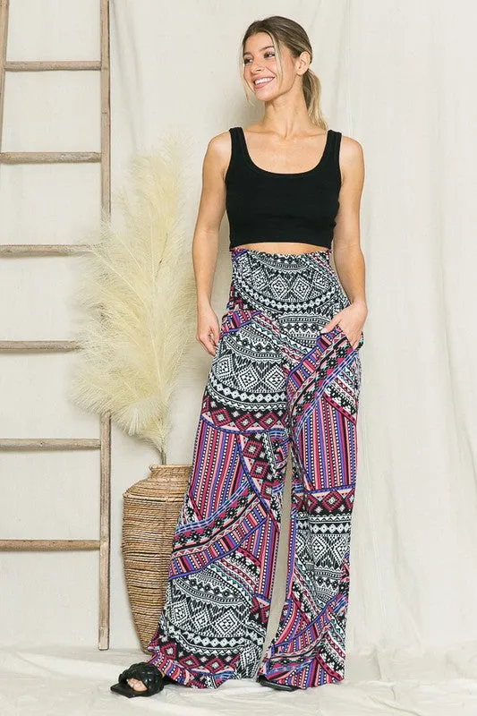 Boho Print Smocked Wide Leg Pants