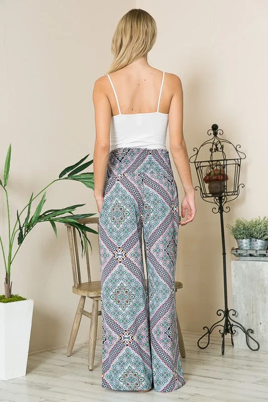 Boho Print Smocked Wide Leg Pants