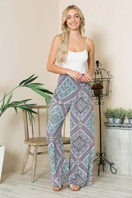 Boho Print Smocked Wide Leg Pants