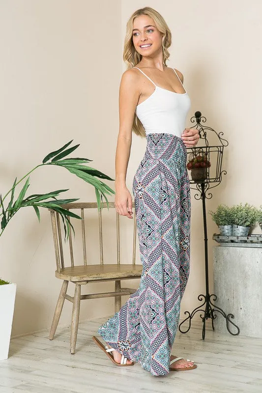 Boho Print Smocked Wide Leg Pants