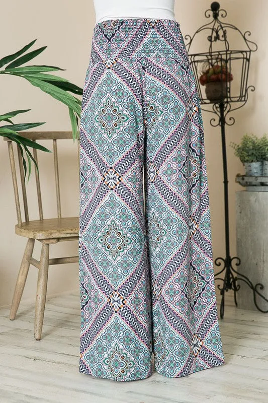 Boho Print Smocked Wide Leg Pants