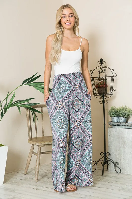 Boho Print Smocked Wide Leg Pants