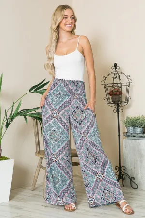 Boho Print Smocked Wide Leg Pants