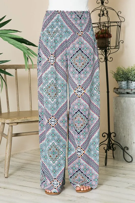 Boho Print Smocked Wide Leg Pants