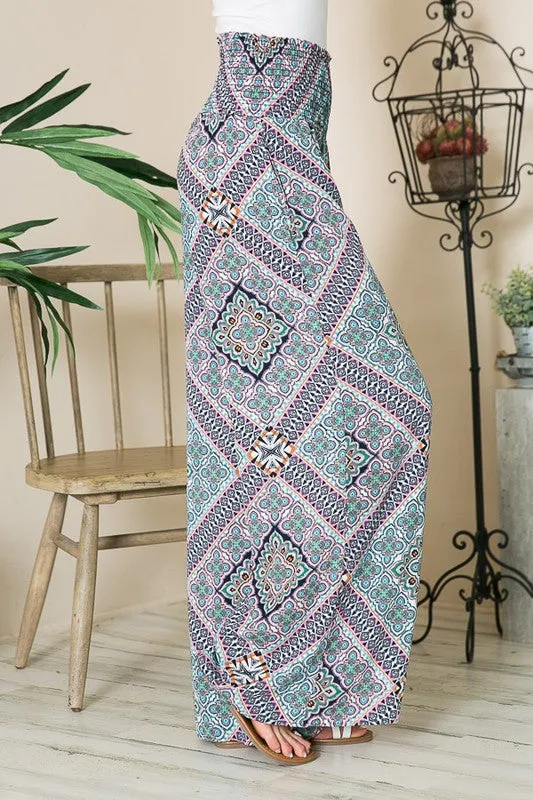 Boho Print Smocked Wide Leg Pants