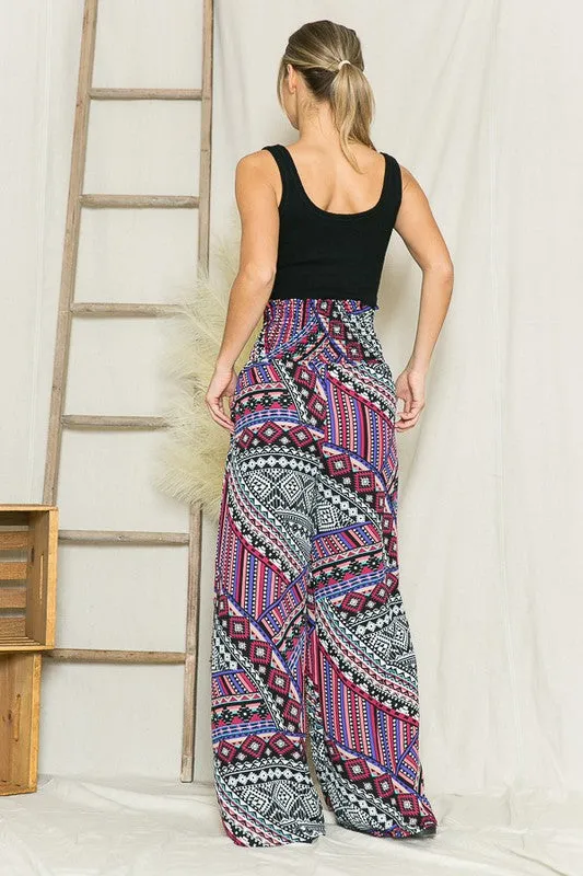 Boho Print Smocked Wide Leg Pants