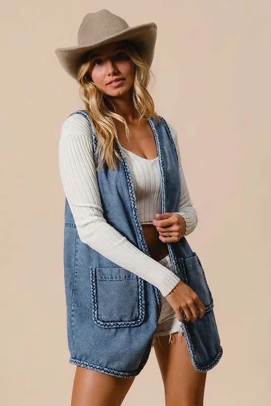 Braided Trim Open Front Denim Vest with Pockets