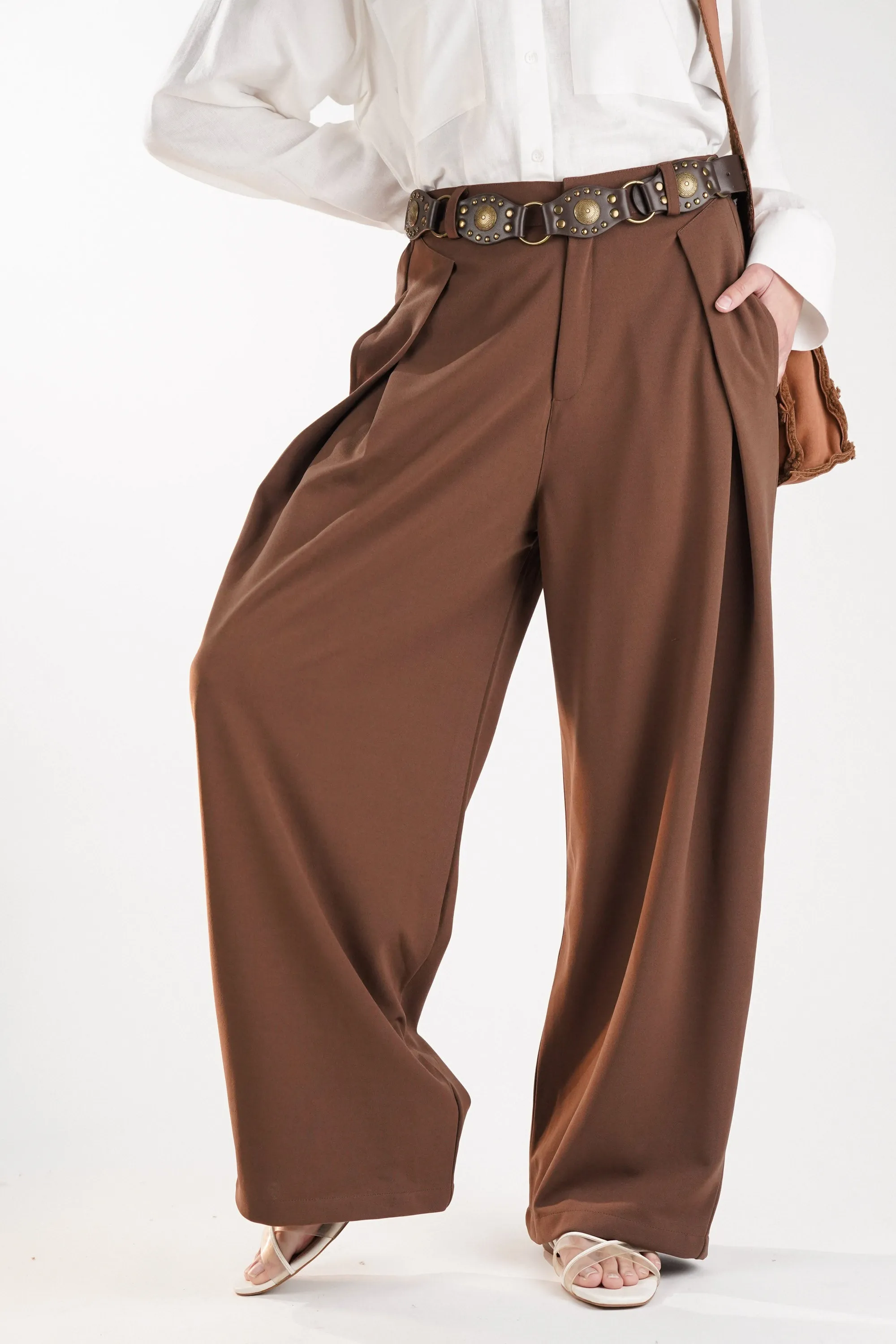 Brown Pants with Inverted Pleats