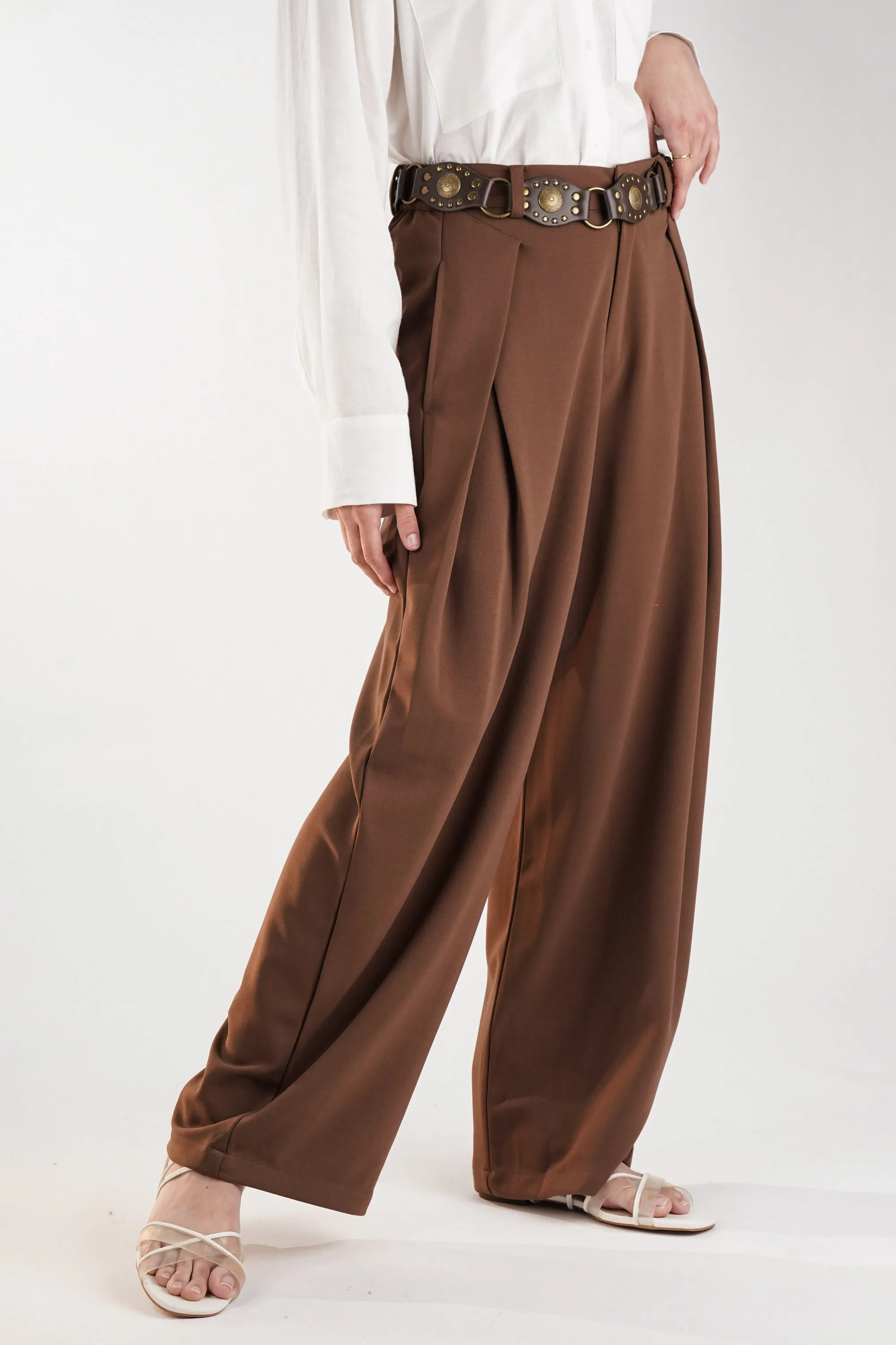 Brown Pants with Inverted Pleats