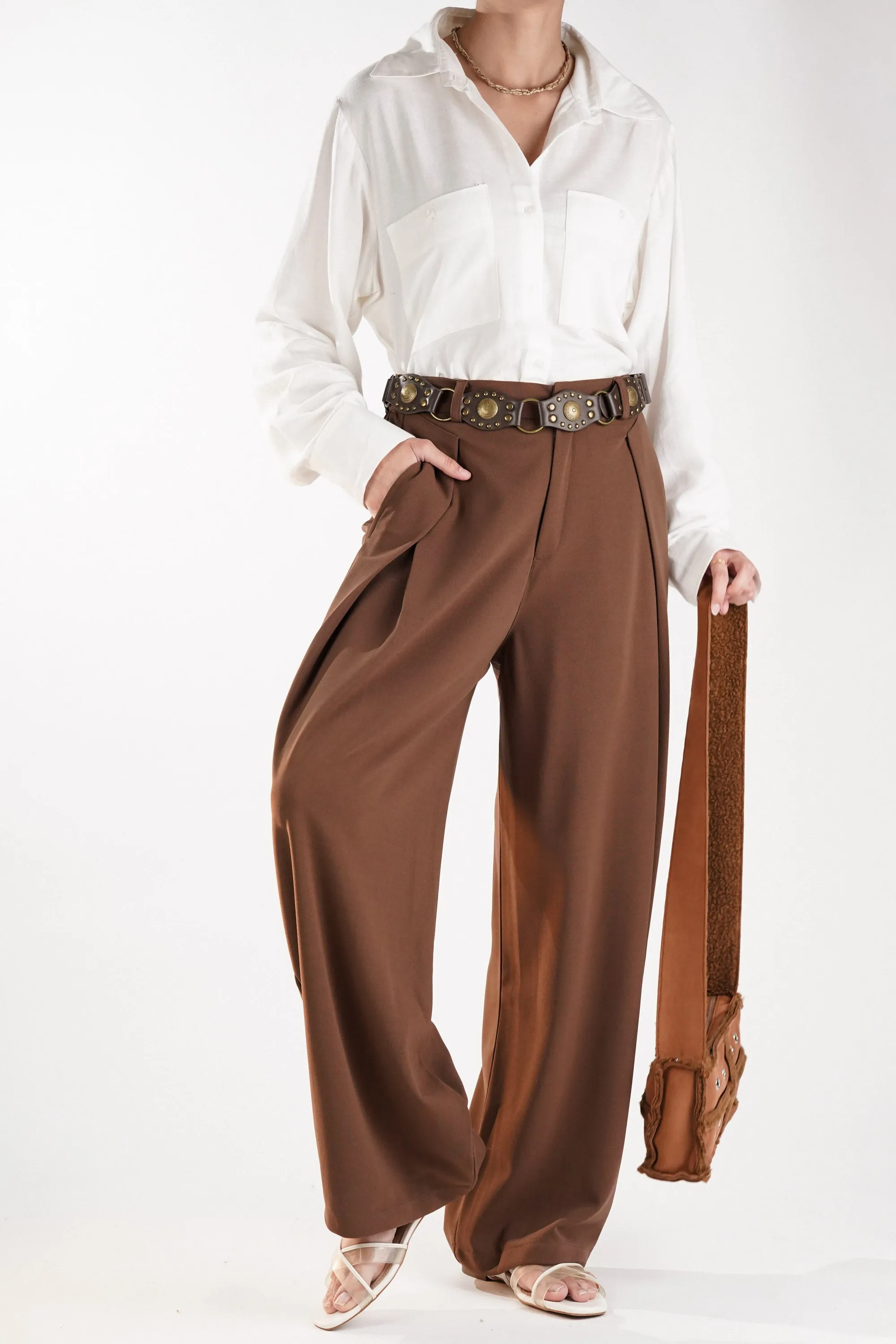 Brown Pants with Inverted Pleats