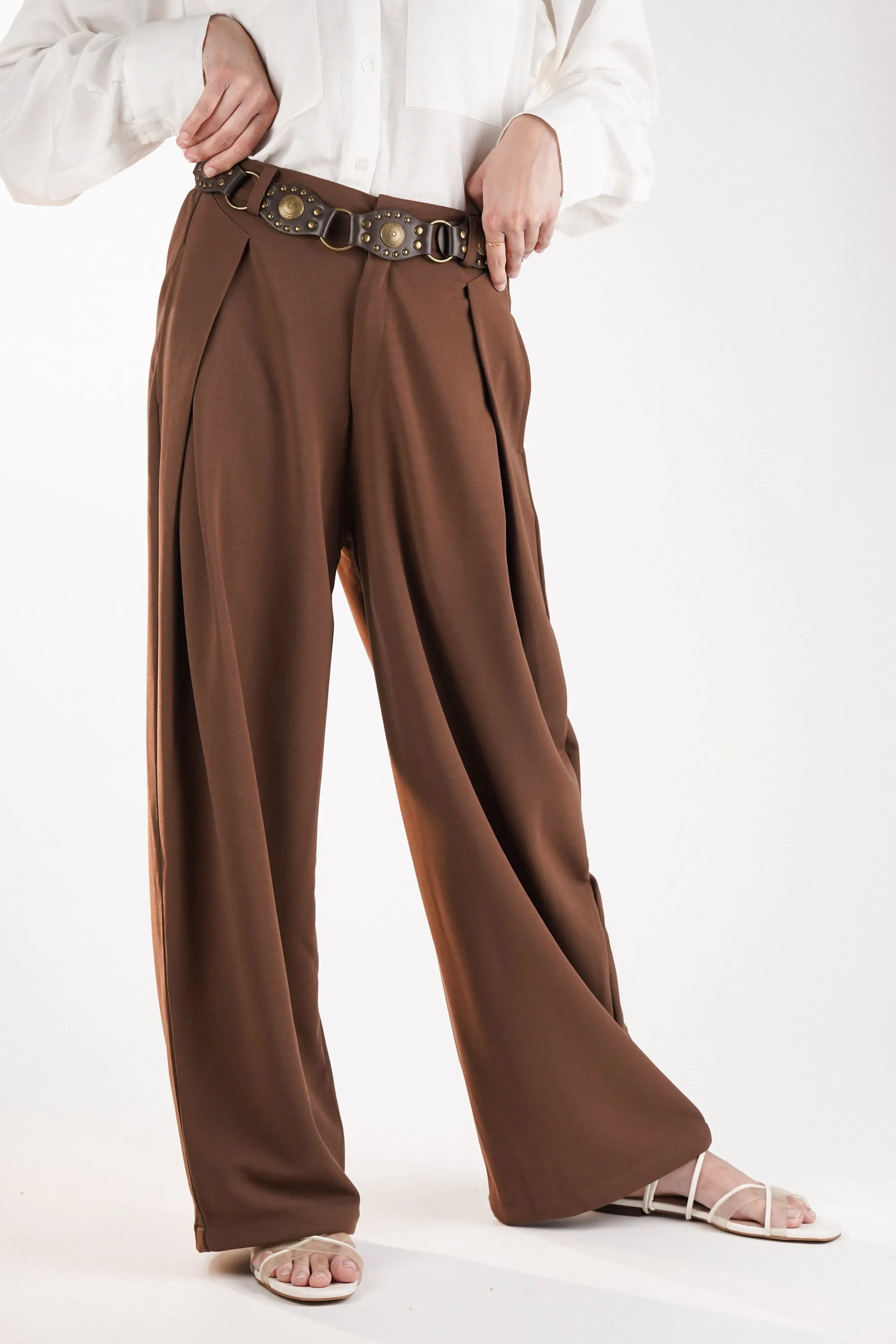 Brown Pants with Inverted Pleats