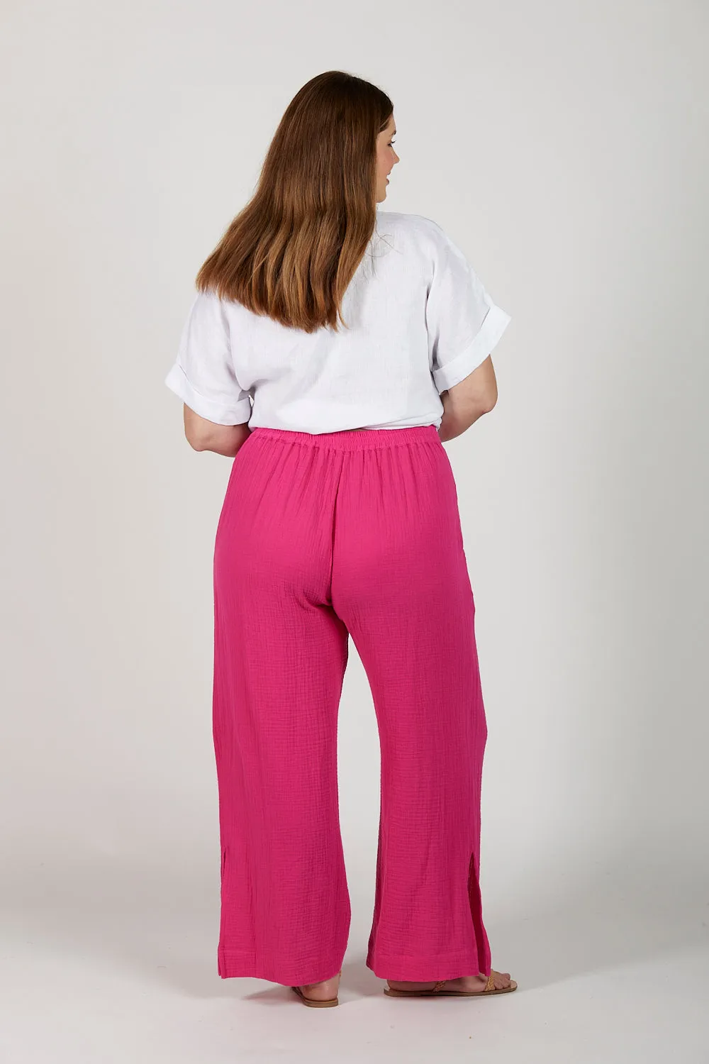 Camille Crinkle Cotton Wide Leg Pant in Pink Glo