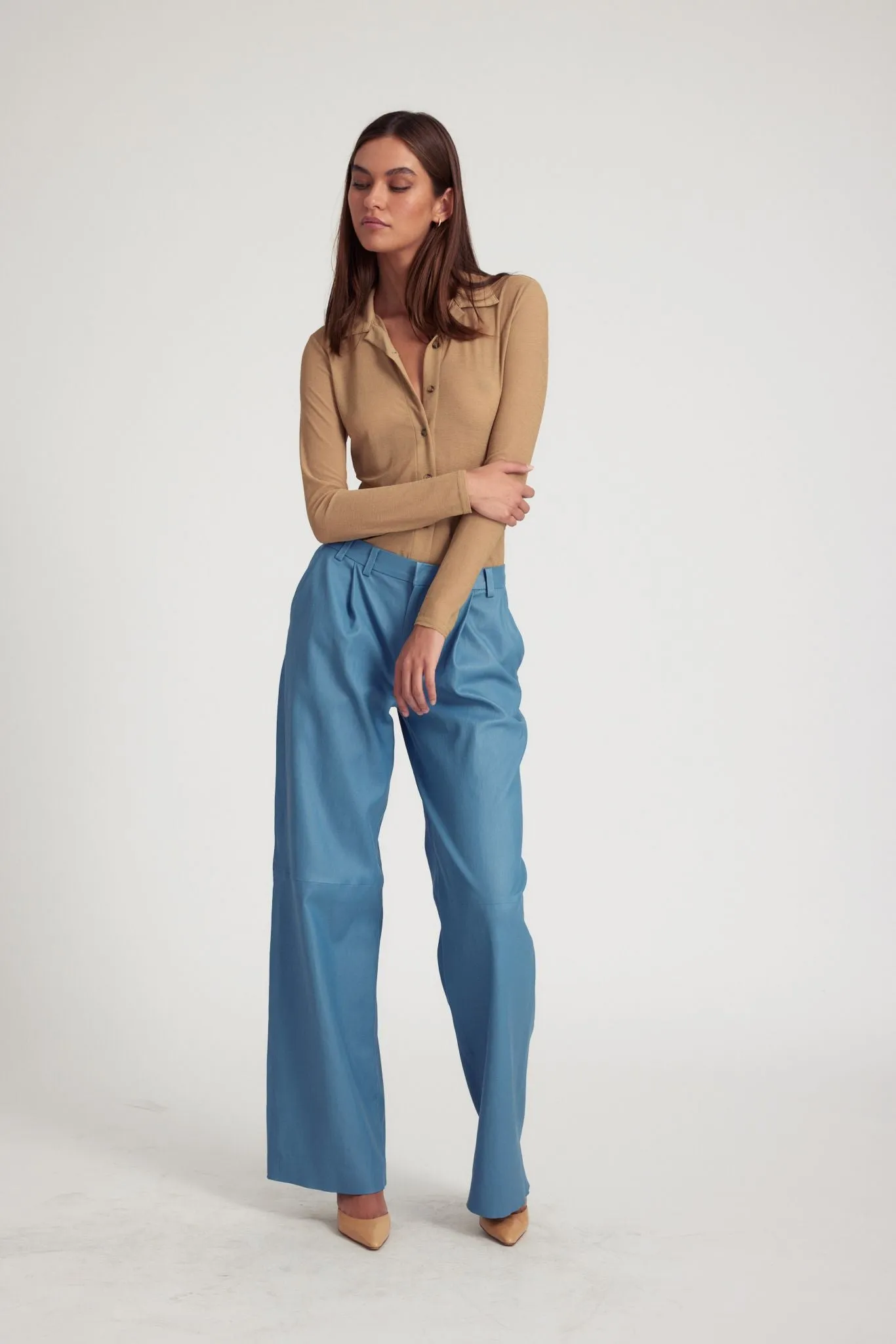 Chambray Blue Leather Pleated Trousers