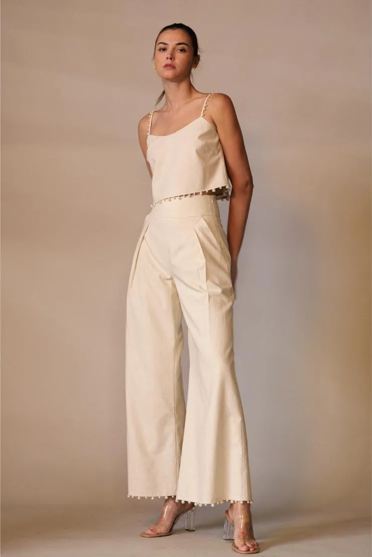 Charlie Linen Pearl Trimmed Trouser - Ivory