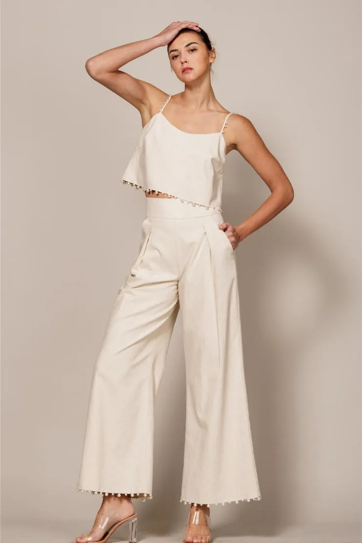 Charlie Linen Pearl Trimmed Trouser - Ivory