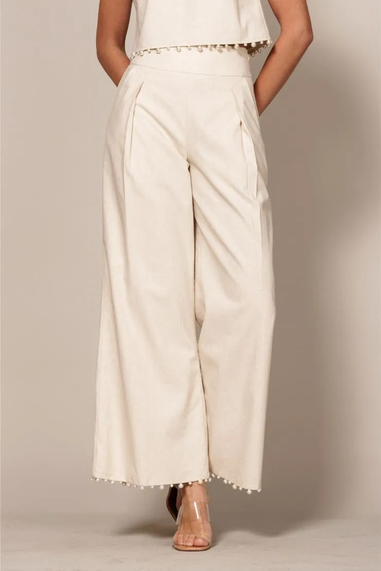 Charlie Linen Pearl Trimmed Trouser - Ivory